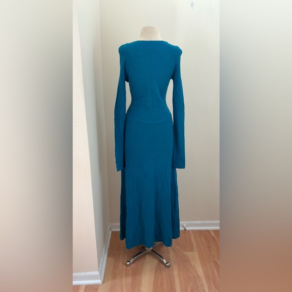 Tome Runway Teal Ribbed Merino Wool V Neck Long Sleeve Maxi Dress Size Medium - Picture 4 of 15